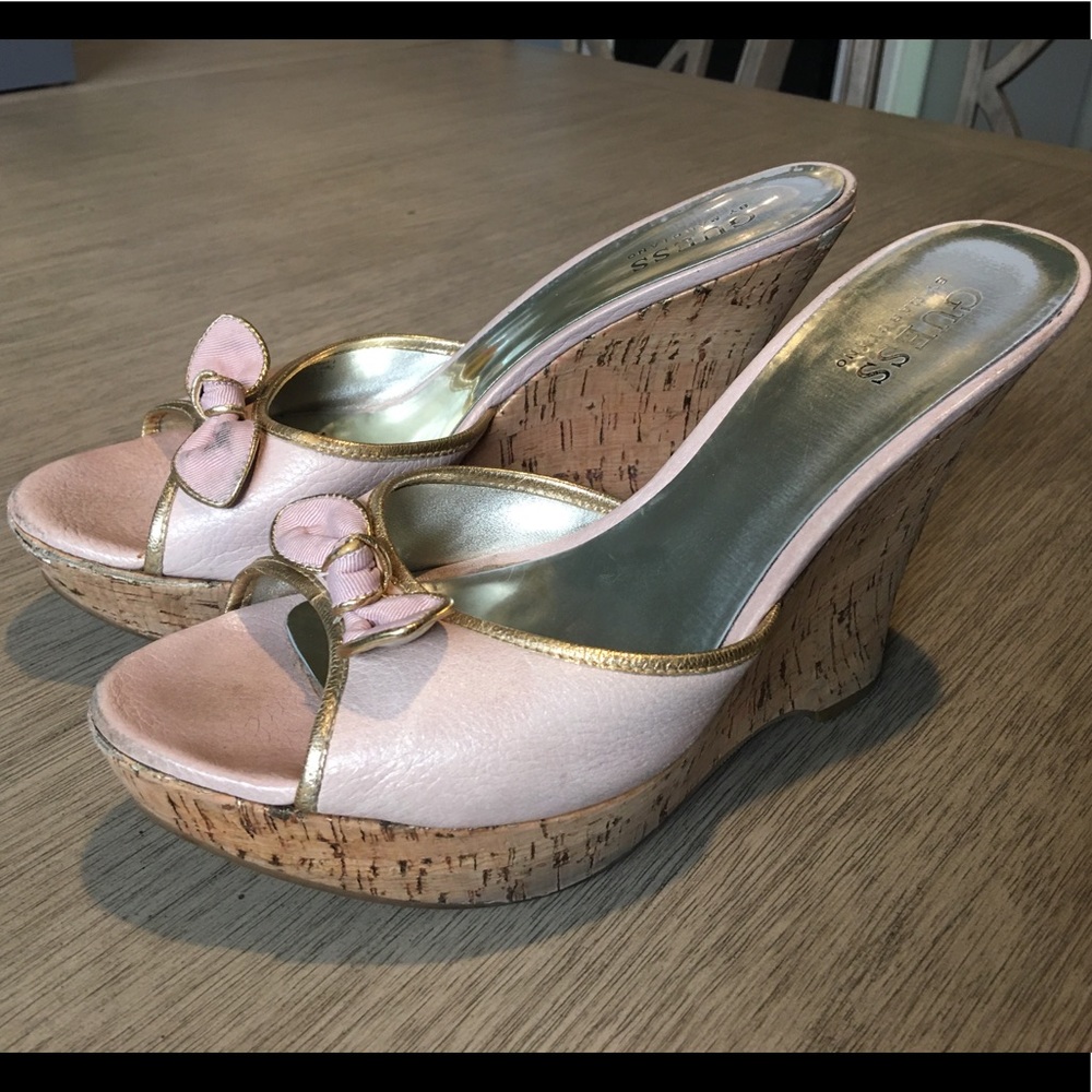 👠 Guess Wedges - Cork Heel, Light Pink with Bow